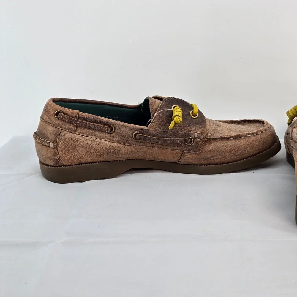 ROAN Women’s Brown Leather Boat Shoes with Yellow Laces